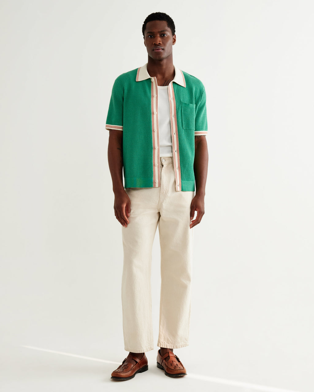 Belle - Green Tipped Pointelle Polo Shirt