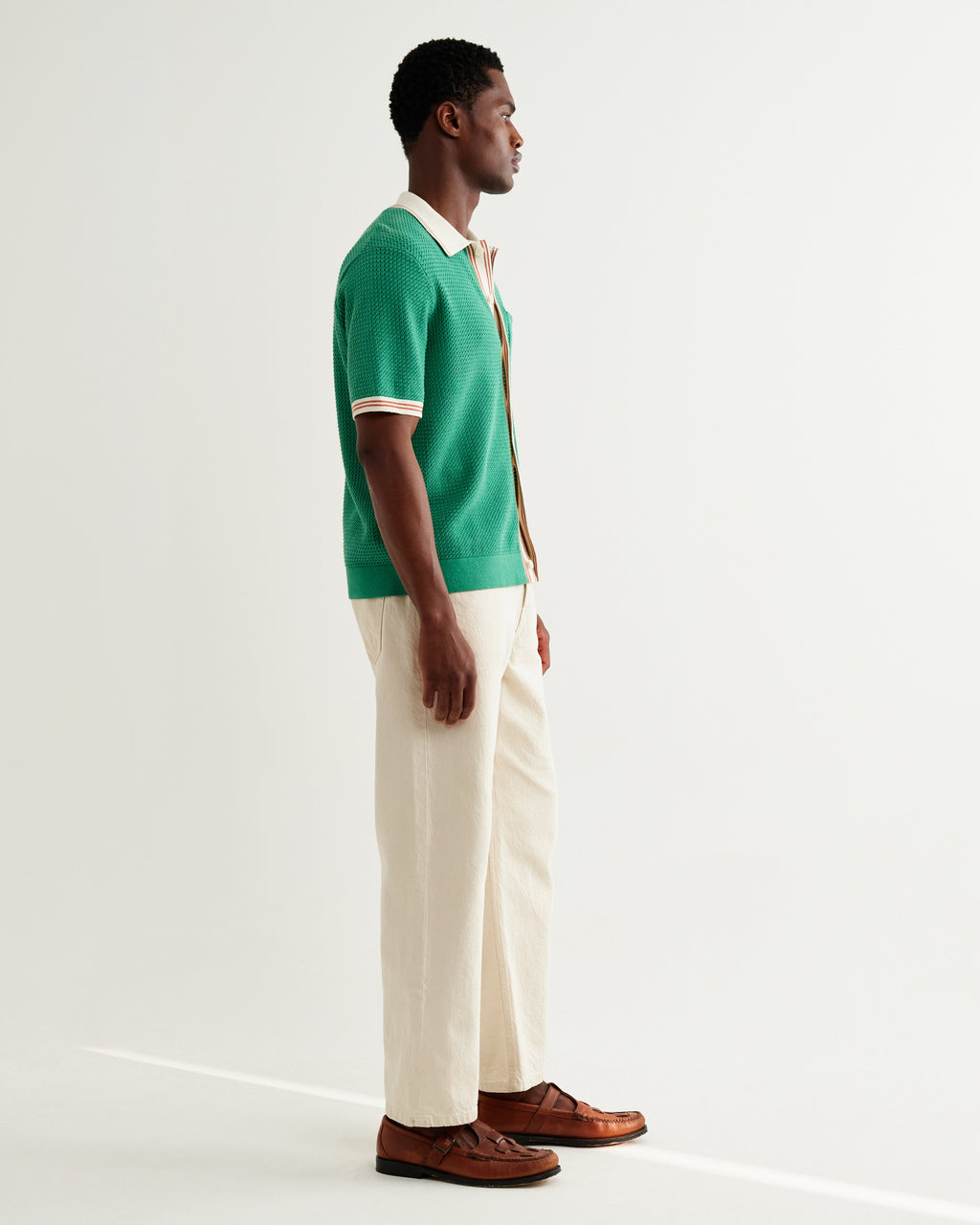 Belle - Green Tipped Pointelle Polo Shirt