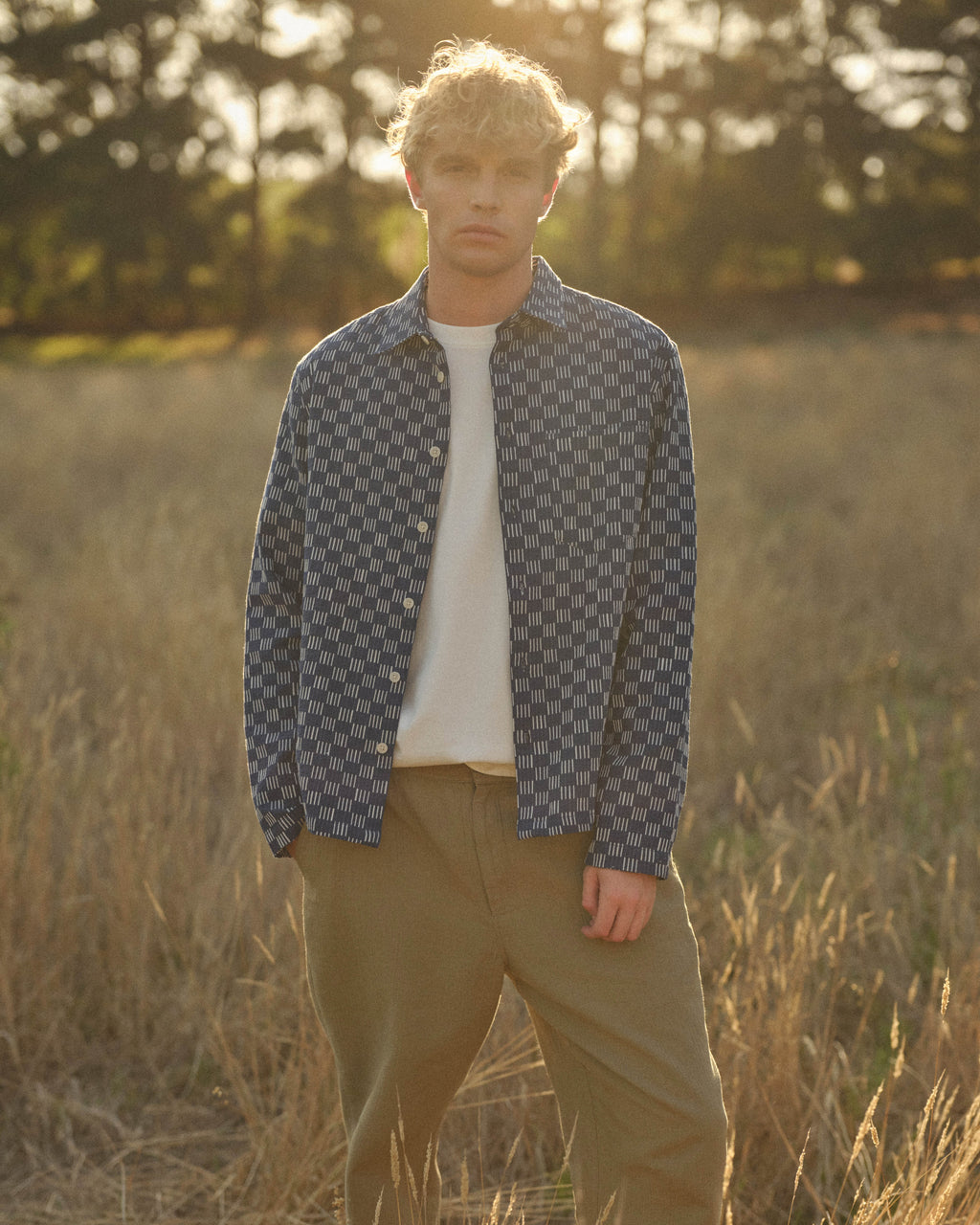 Breton - Indigo And Ecru Geometric Grid Stitch Overshirt