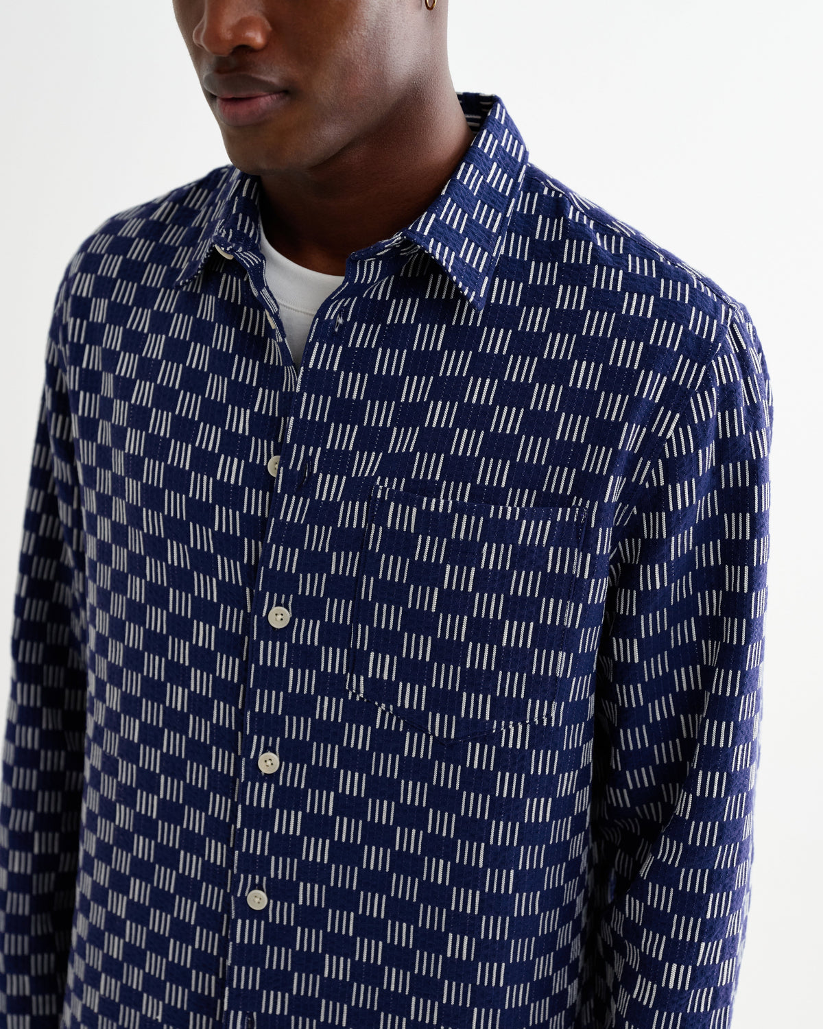 Breton - Indigo And Ecru Geometric Grid Stitch Overshirt