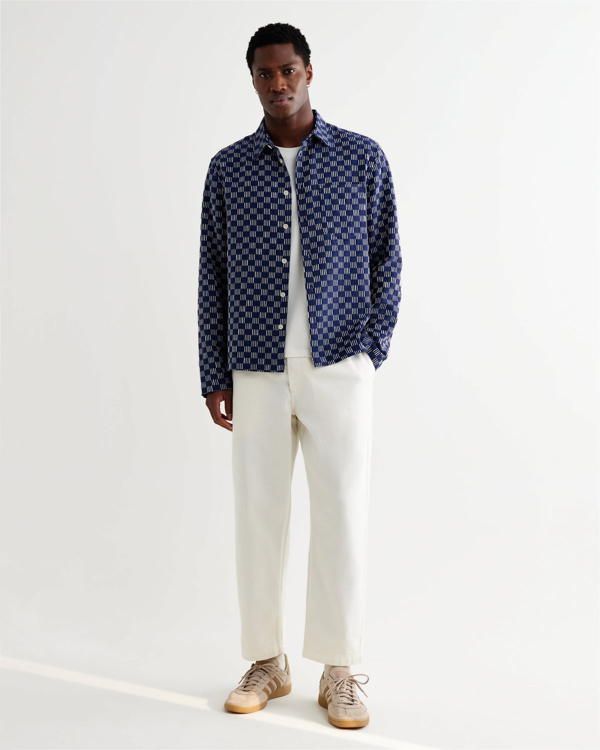 Breton - Indigo And Ecru Geometric Grid Stitch Overshirt