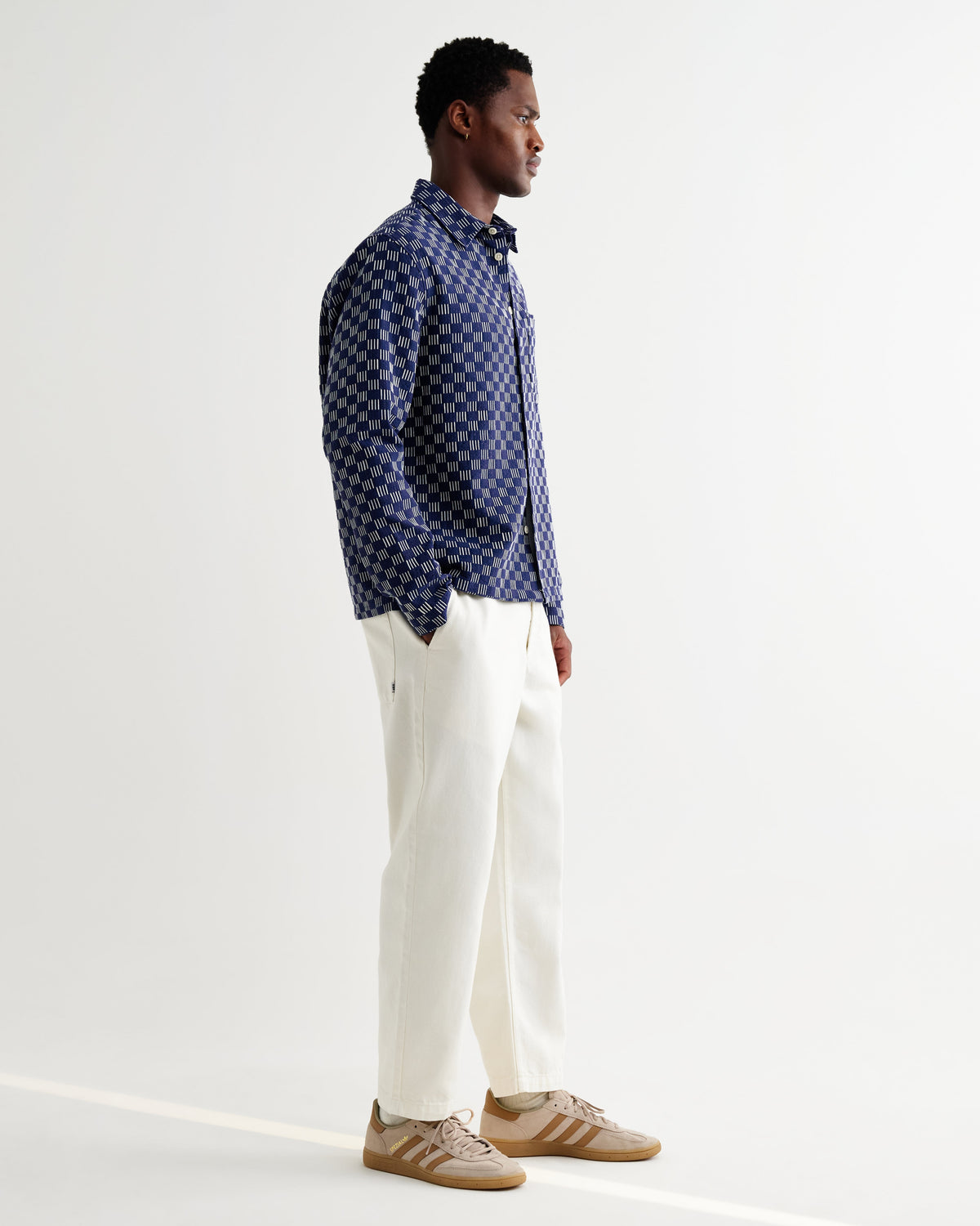 Breton - Indigo And Ecru Geometric Grid Stitch Overshirt