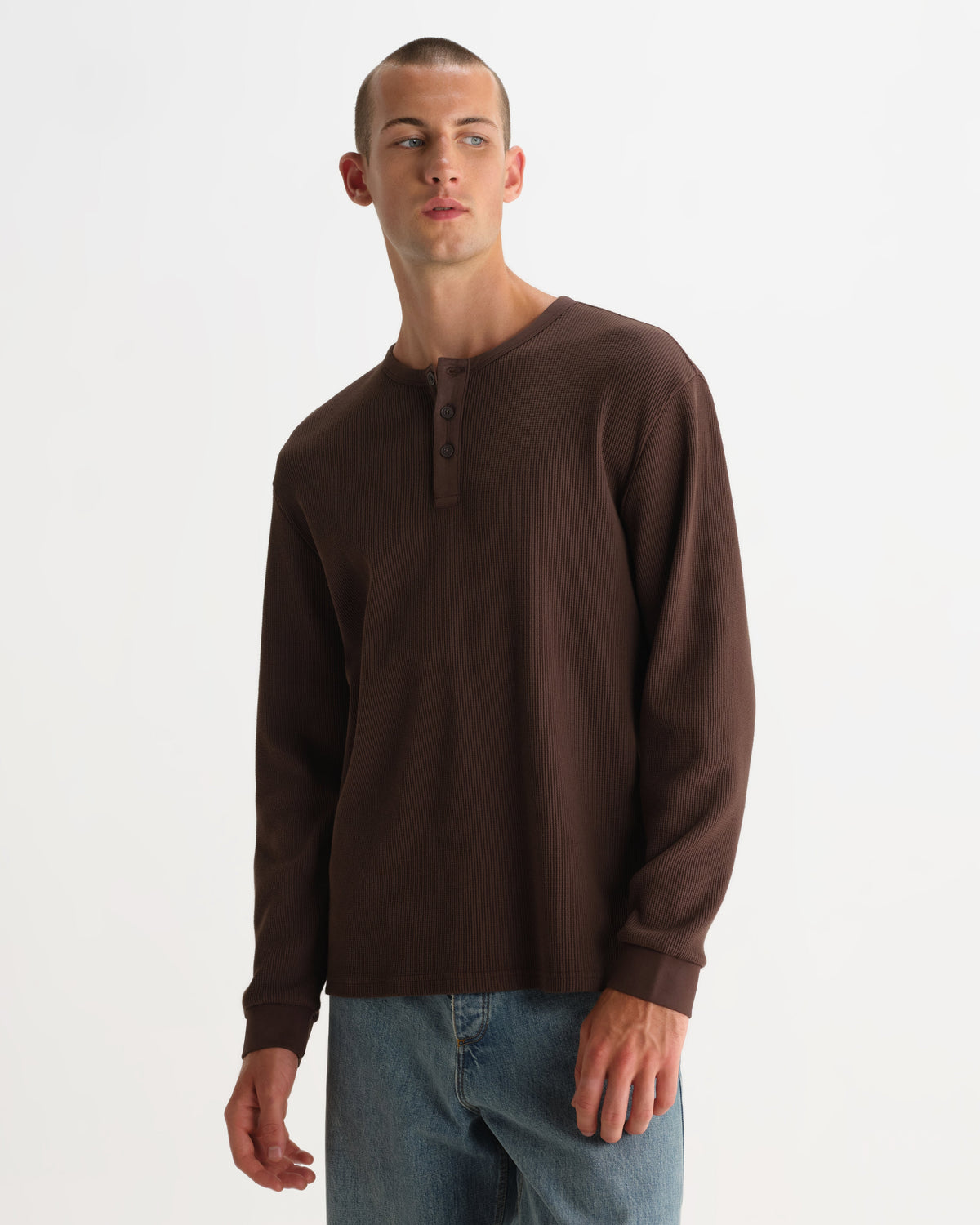 Caleb - Brown Waffle Cotton Henley Long-Sleeve T-Shirt