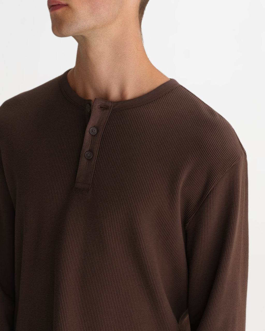 Caleb - Brown Waffle Cotton Henley Long-Sleeve T-Shirt
