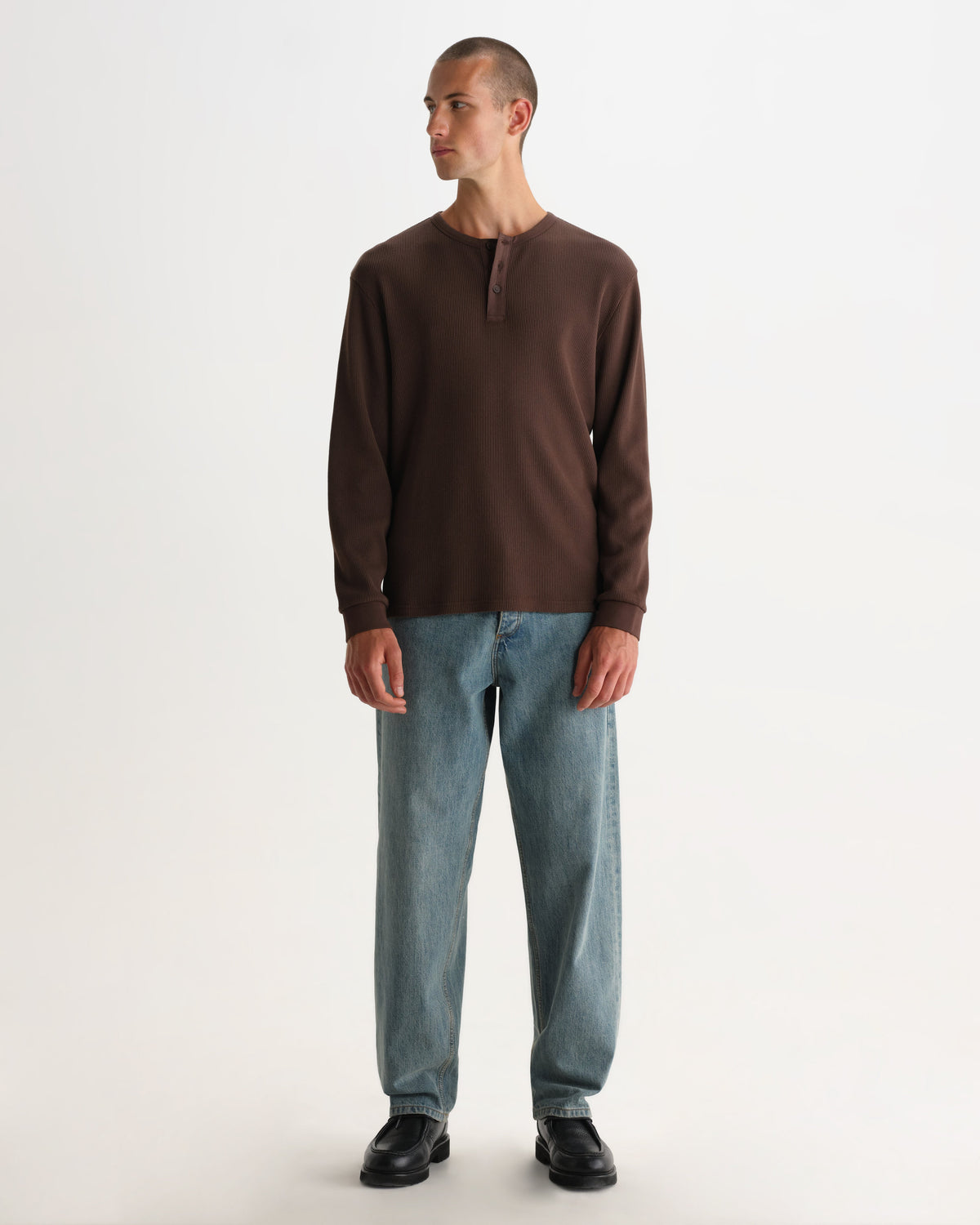 Caleb - Brown Waffle Cotton Henley Long-Sleeve T-Shirt