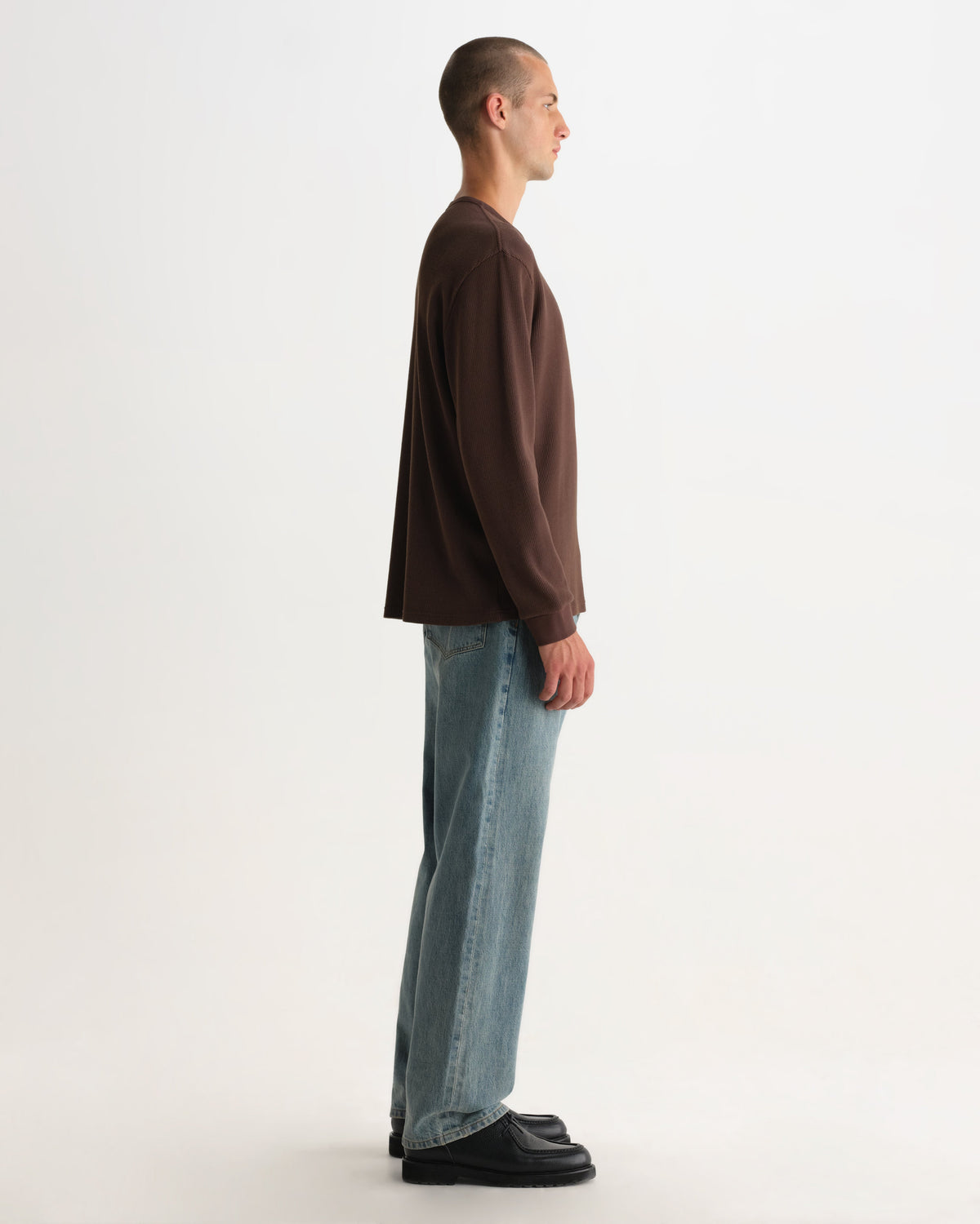 Caleb - Brown Waffle Cotton Henley Long-Sleeve T-Shirt