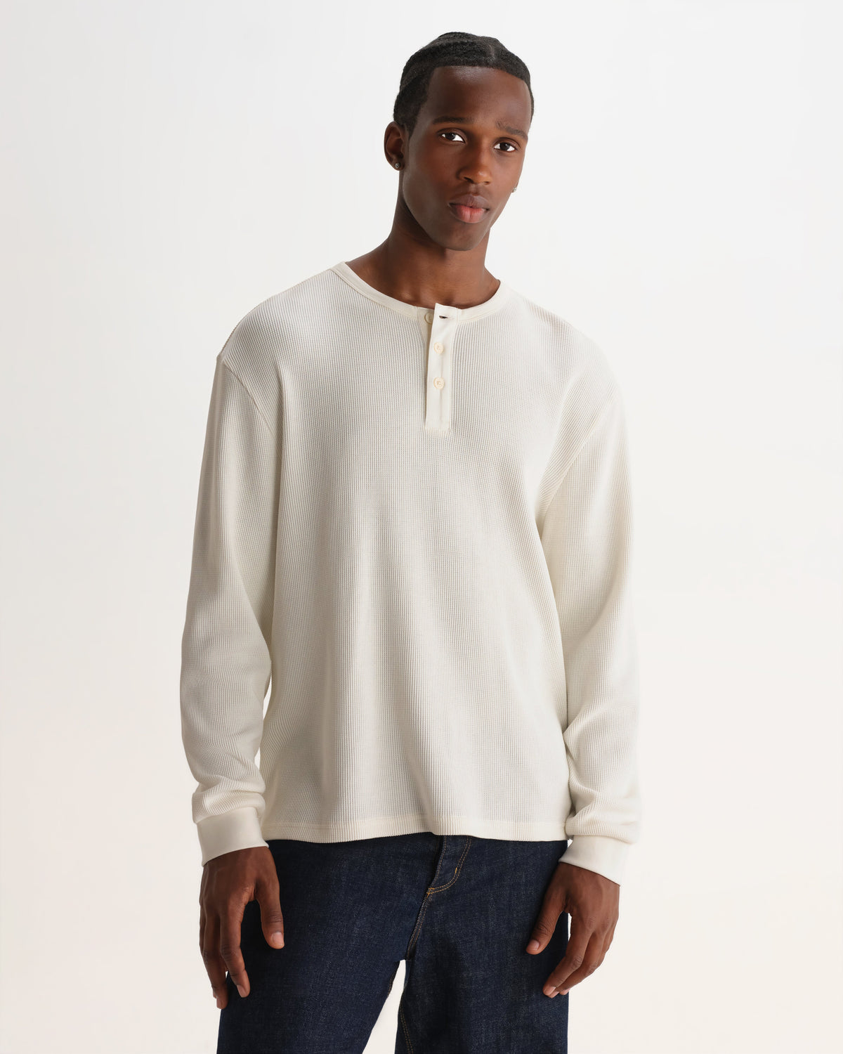 Caleb - Ecru Waffle Cotton Henley Long-Sleeve T-Shirt