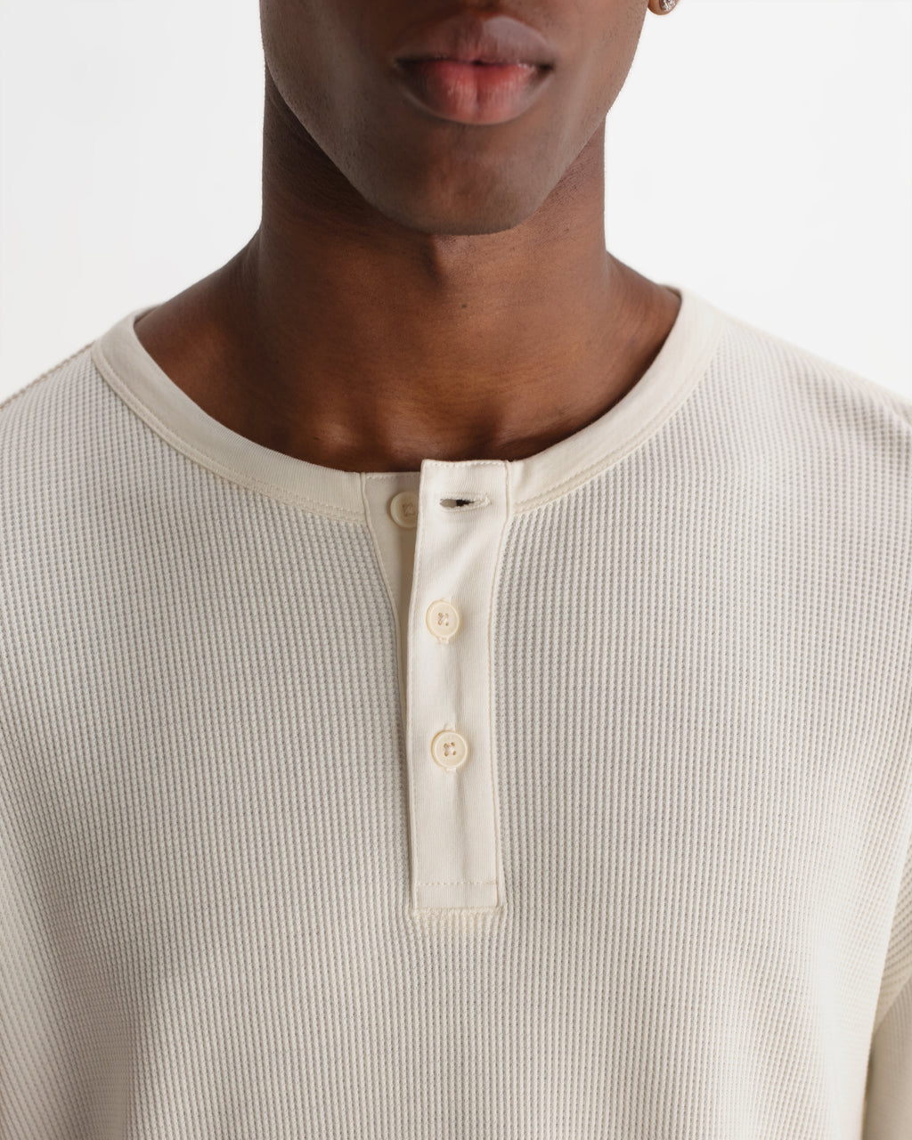 Caleb - Ecru Waffle Cotton Henley Long-Sleeve T-Shirt