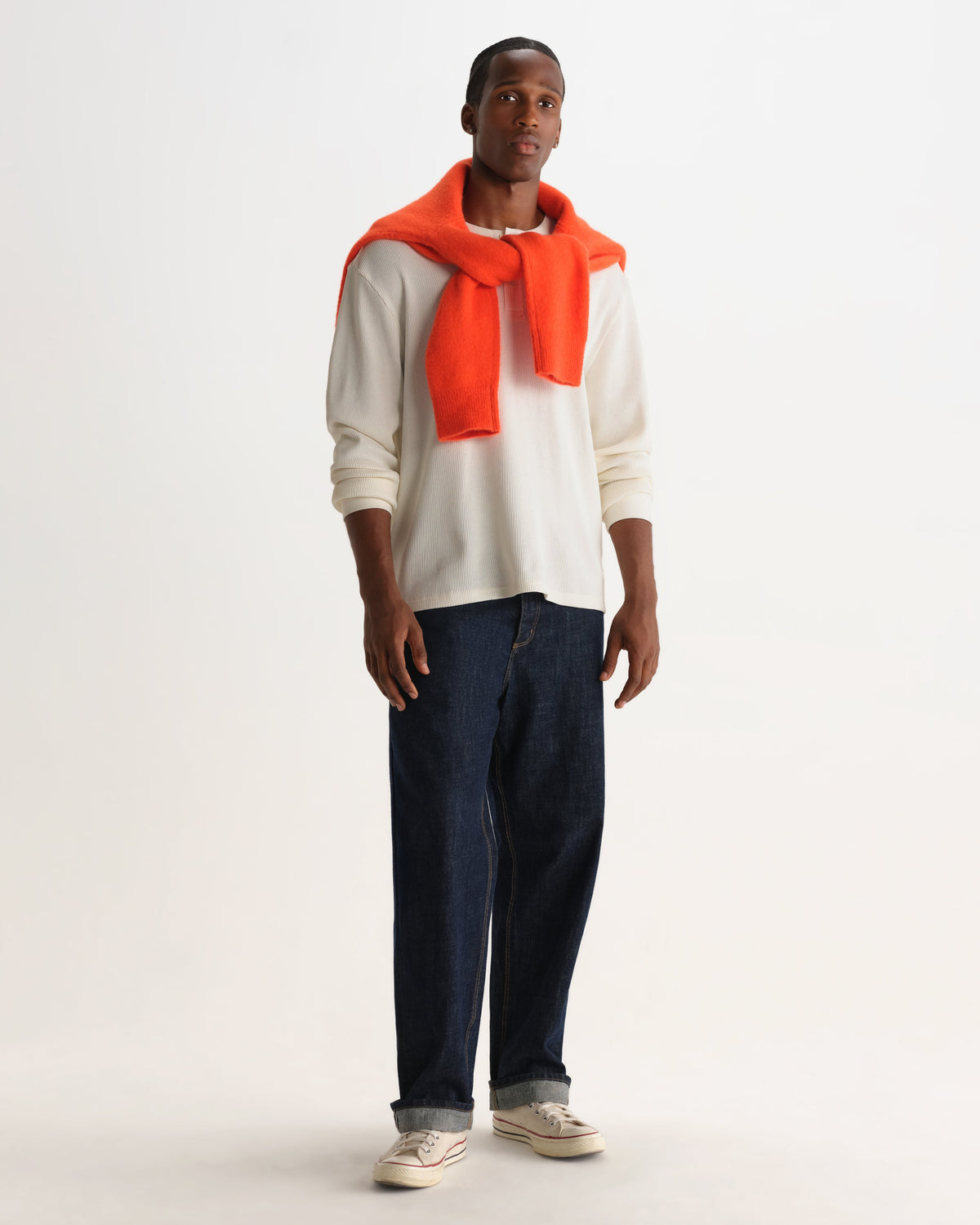 Caleb - Ecru Waffle Cotton Henley Long-Sleeve T-Shirt