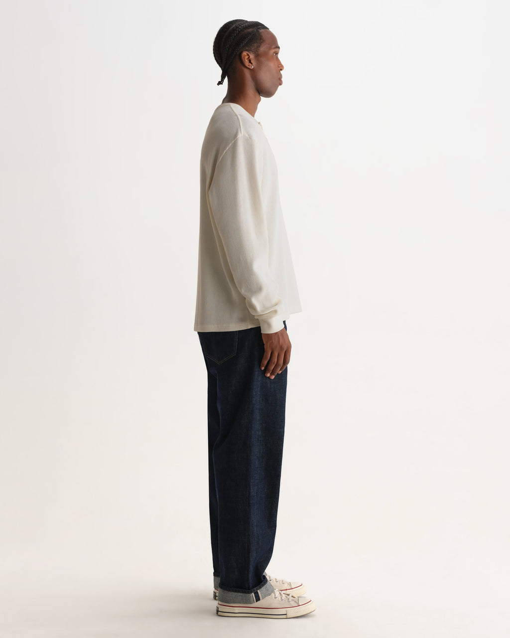 Caleb - Ecru Waffle Cotton Henley Long-Sleeve T-Shirt
