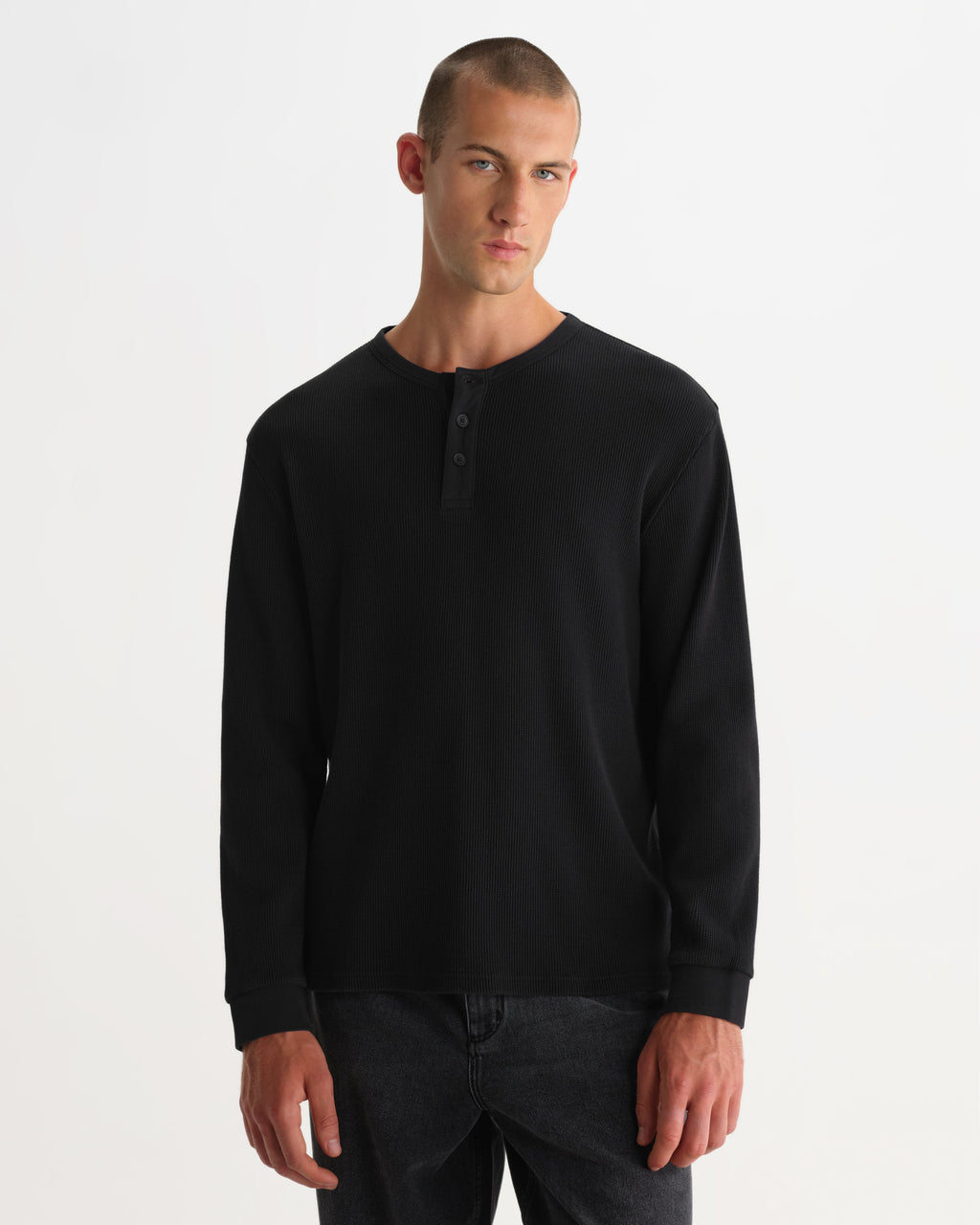 Caleb - Washed Black Waffle Cotton Henley Long-Sleeve T-Shirt