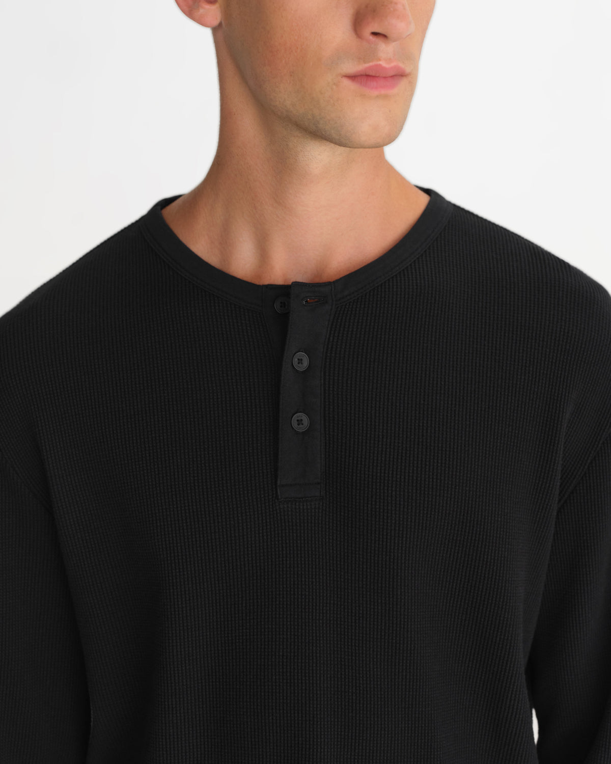 Caleb - Washed Black Waffle Cotton Henley Long-Sleeve T-Shirt