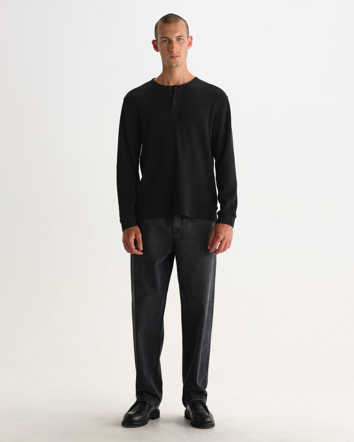 Caleb - Washed Black Waffle Cotton Henley Long-Sleeve T-Shirt