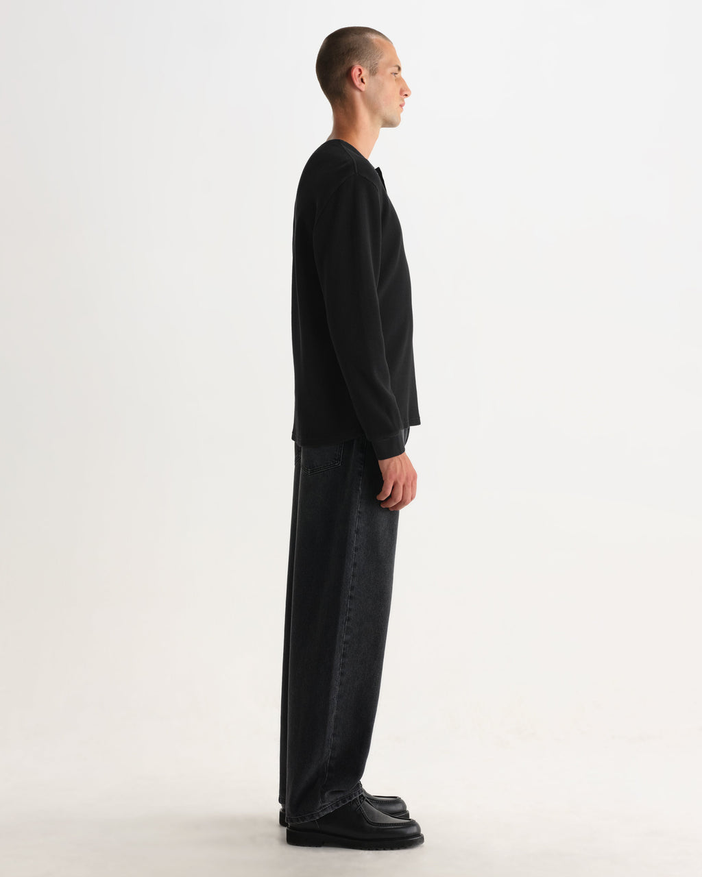 Caleb - Washed Black Waffle Cotton Henley Long-Sleeve T-Shirt