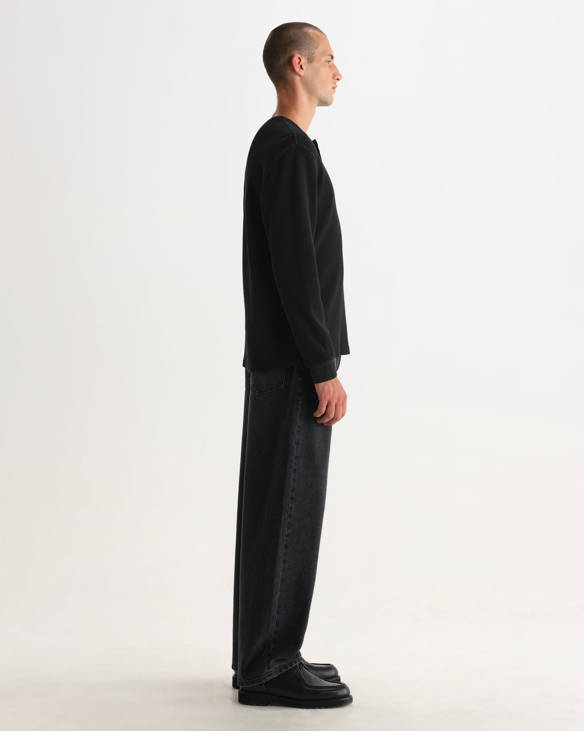 Caleb - Washed Black Waffle Cotton Henley Long-Sleeve T-Shirt