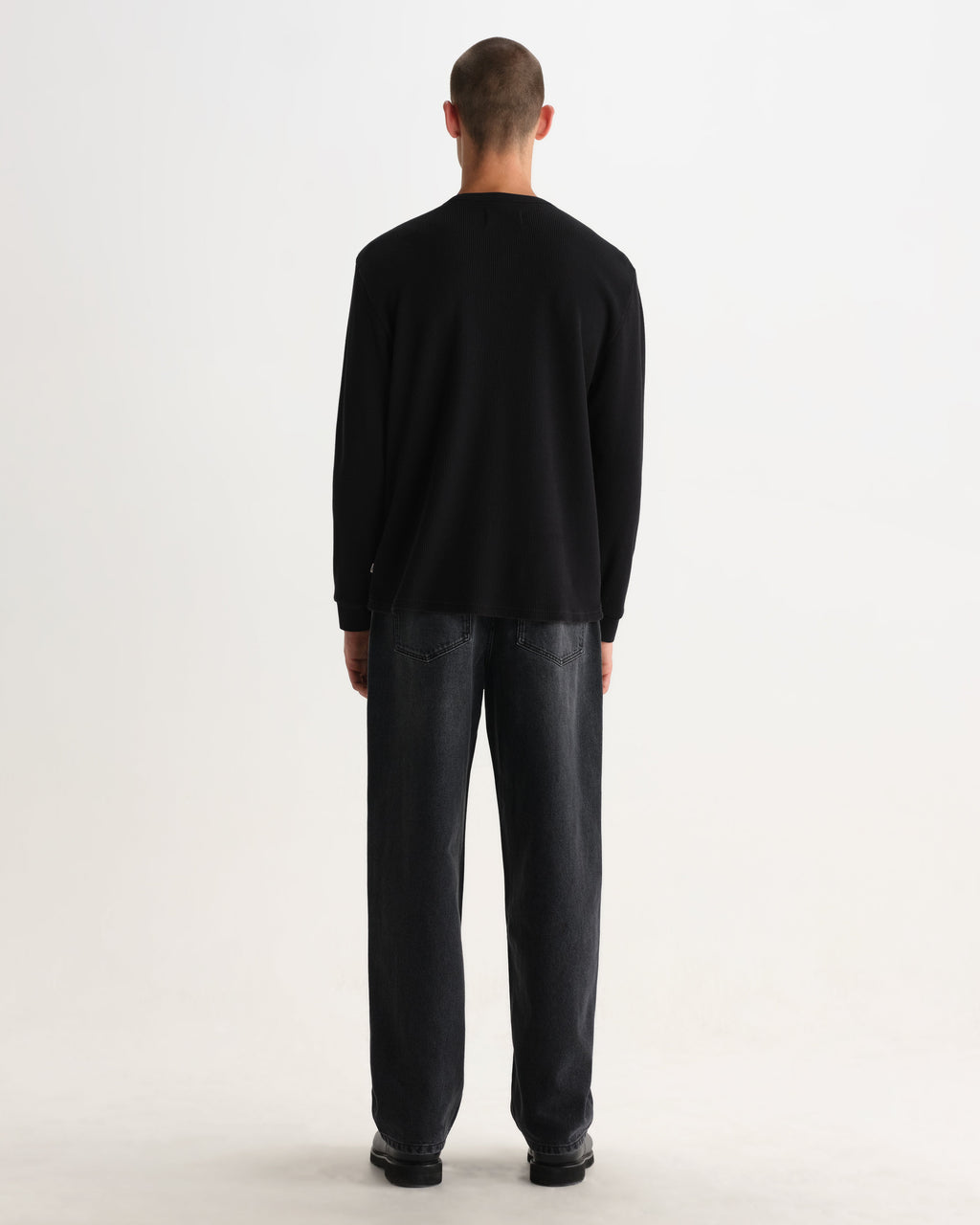 Caleb - Washed Black Waffle Cotton Henley Long-Sleeve T-Shirt
