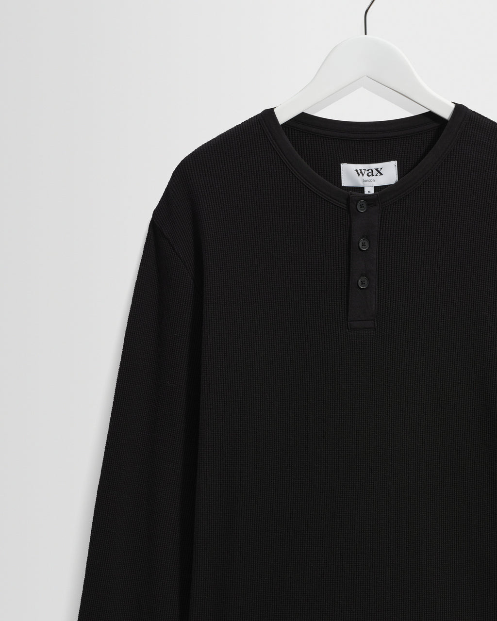 Caleb - Washed Black Waffle Cotton Henley Long-Sleeve T-Shirt