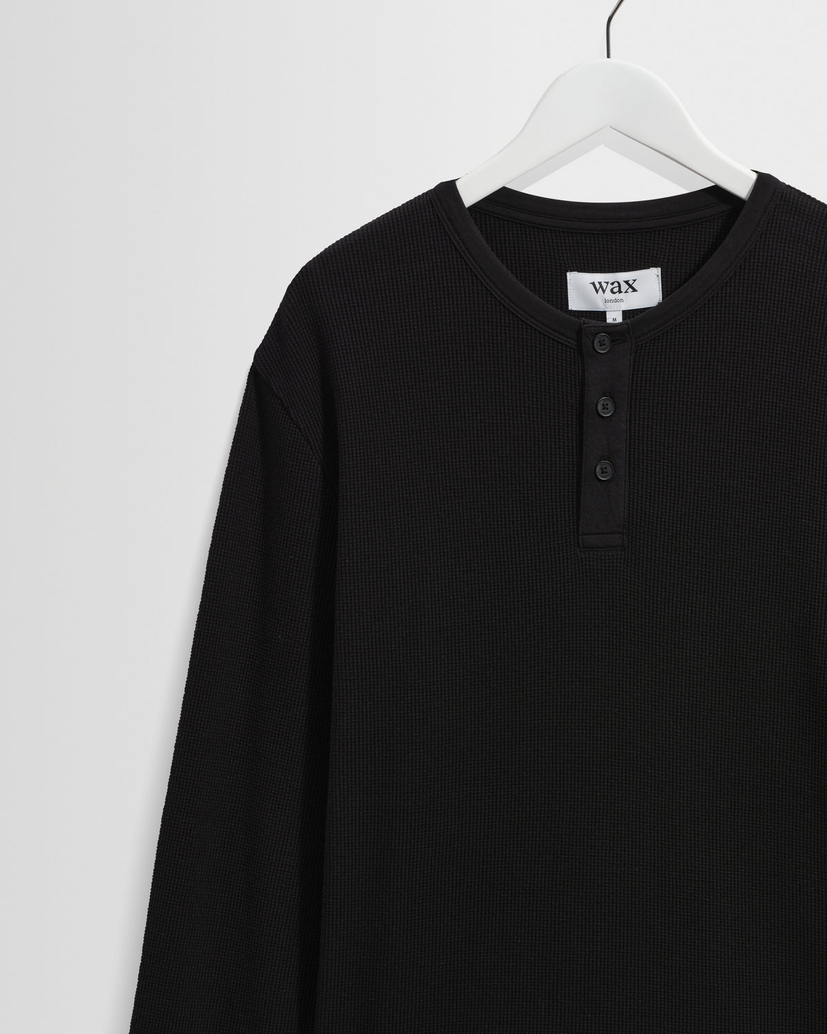 Caleb - Washed Black Waffle Cotton Henley Long-Sleeve T-Shirt