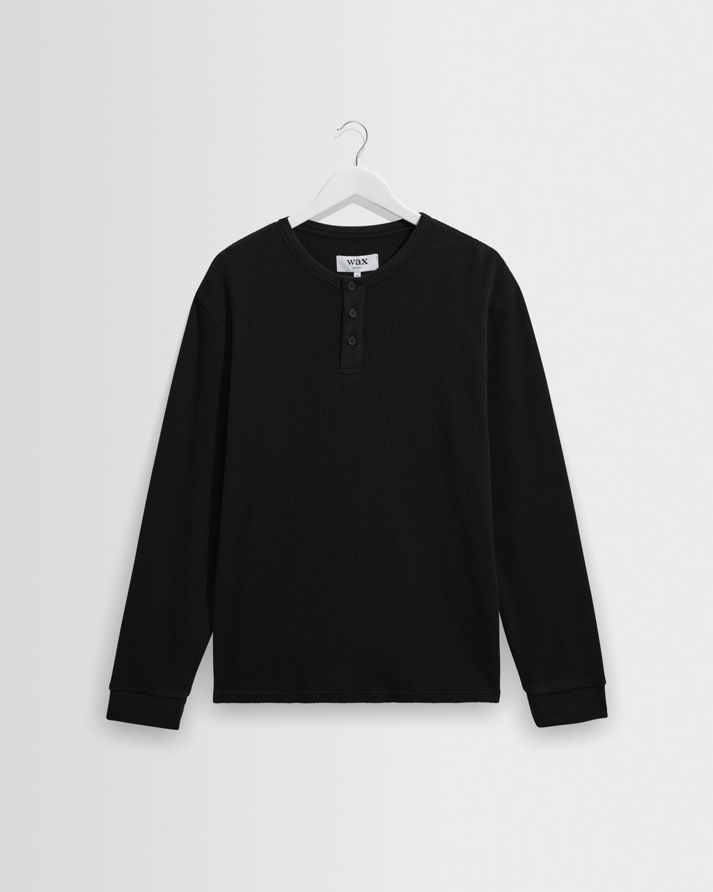 Caleb - Washed Black Waffle Cotton Henley Long-Sleeve T-Shirt