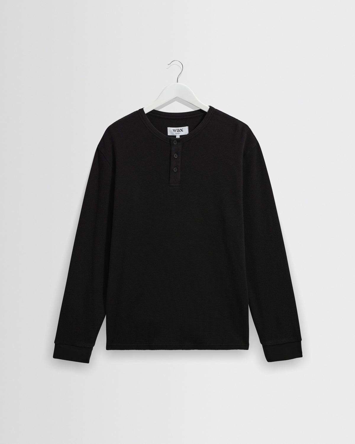 Caleb - Washed Black Waffle Cotton Henley Long-Sleeve T-Shirt
