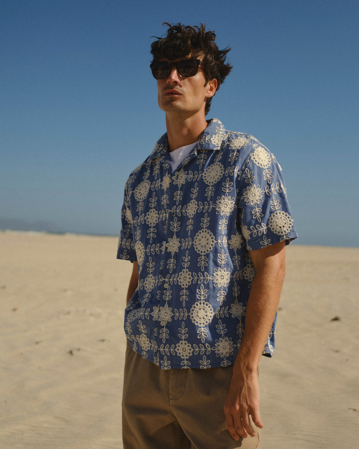 Didcot - Blue And Ecru Corded Lace Short-Sleeve Shirt