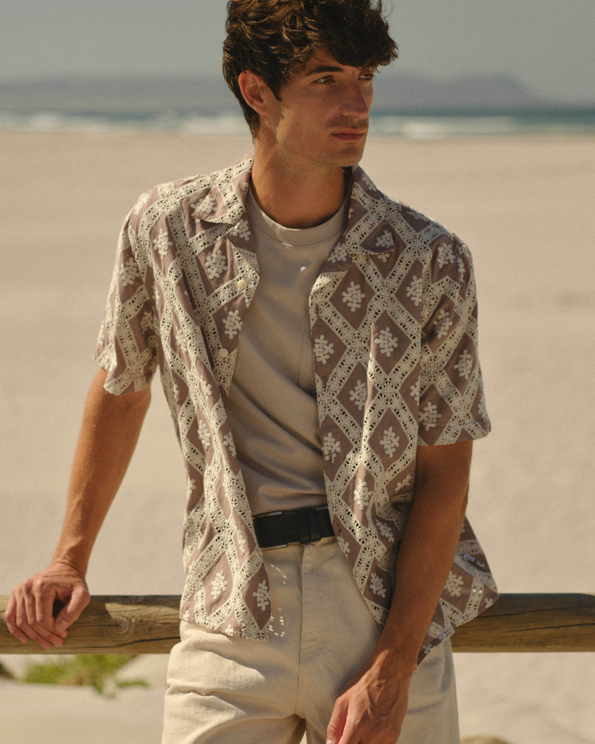 Didcot - Taupe And Ecru Diamond Lace Short-Sleeve Shirt