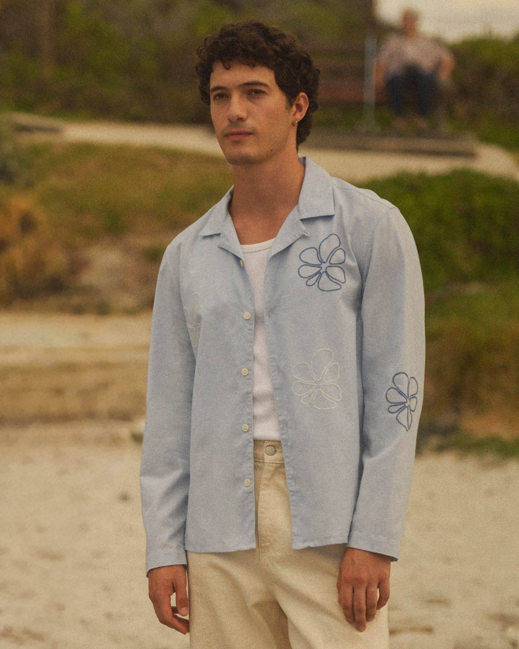 Corey - Blue Cross Stitch Doodle Cotton-Linen Shirt