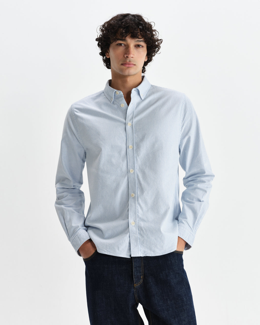 Caspian - White And Blue Stripe Cotton Oxford Shirt