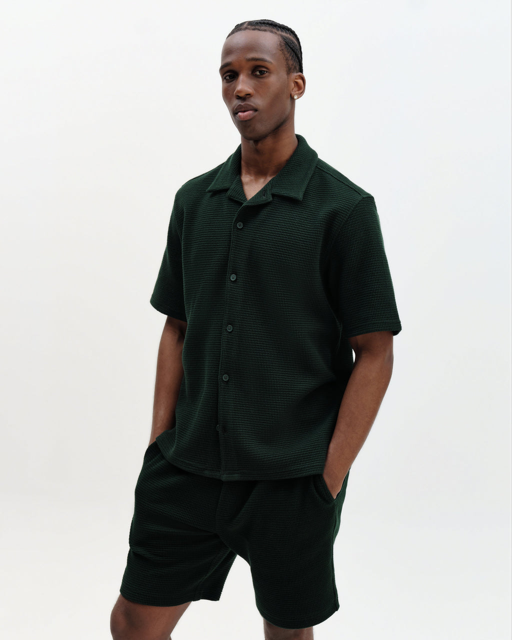 Clayland - Bottle Green Textured Waffle Short-Sleeve Shirt