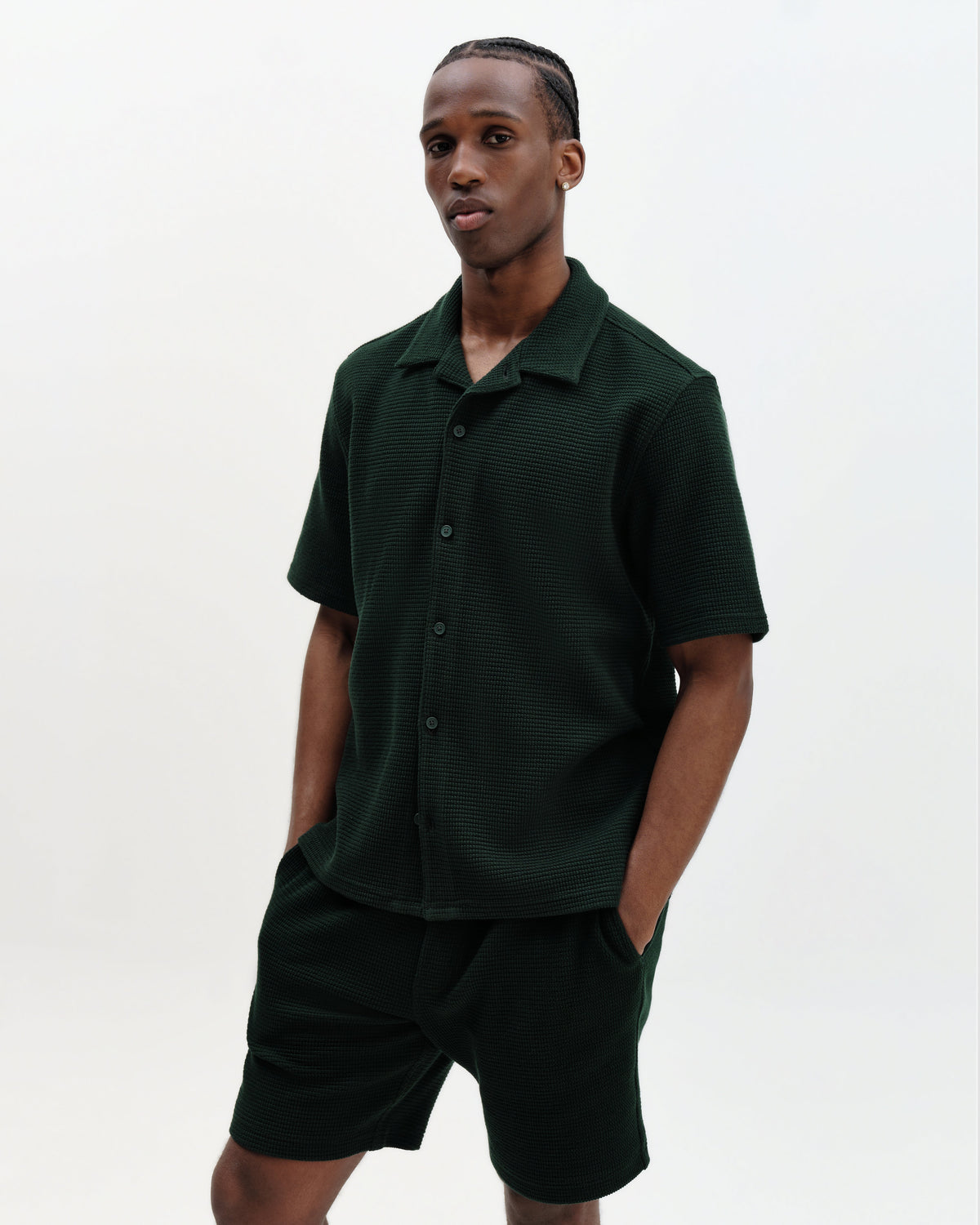 Clayland - Bottle Green Textured Waffle Short-Sleeve Shirt