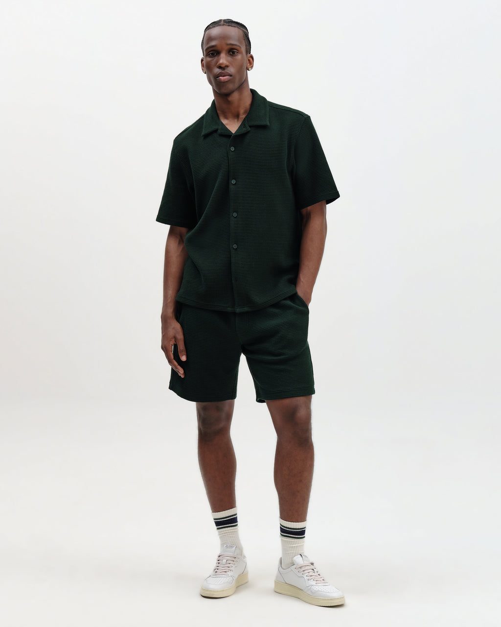 Clayland - Bottle Green Textured Waffle Short-Sleeve Shirt