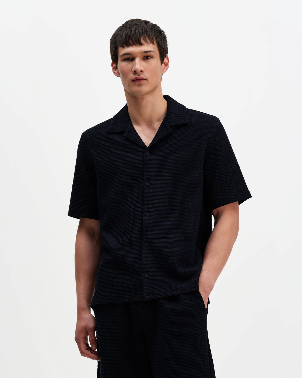 Clayland - Navy Textured Waffle Short-Sleeve Shirt