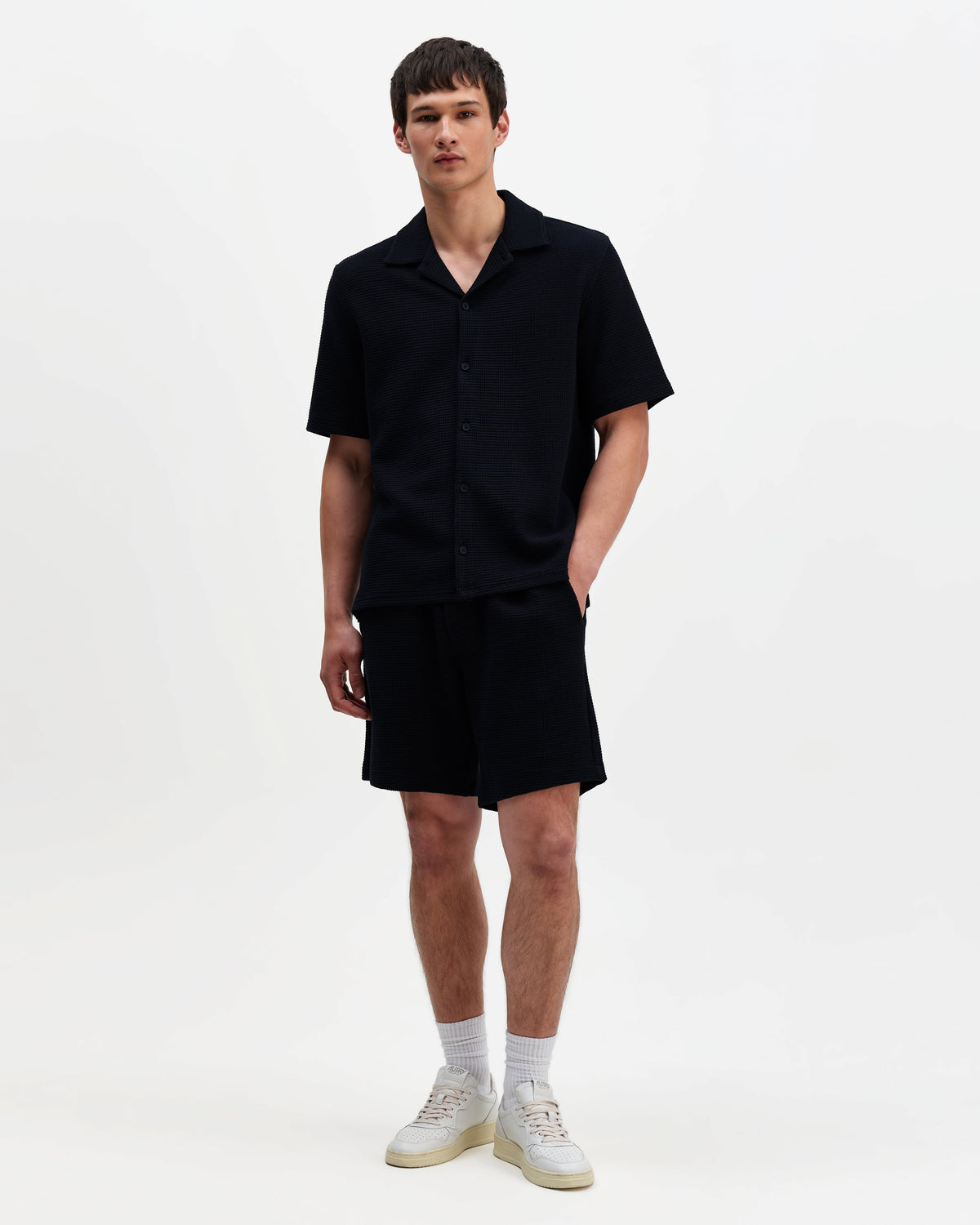 Clayland - Navy Textured Waffle Short-Sleeve Shirt