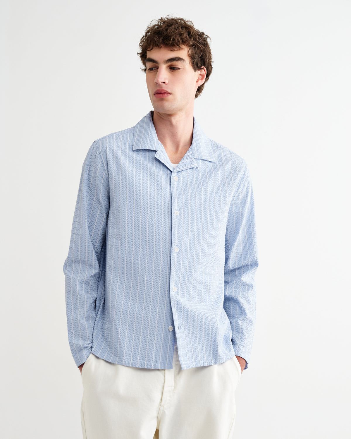 Corey - Blue And Ecru Seersucker-Cotton Stripe Shirt