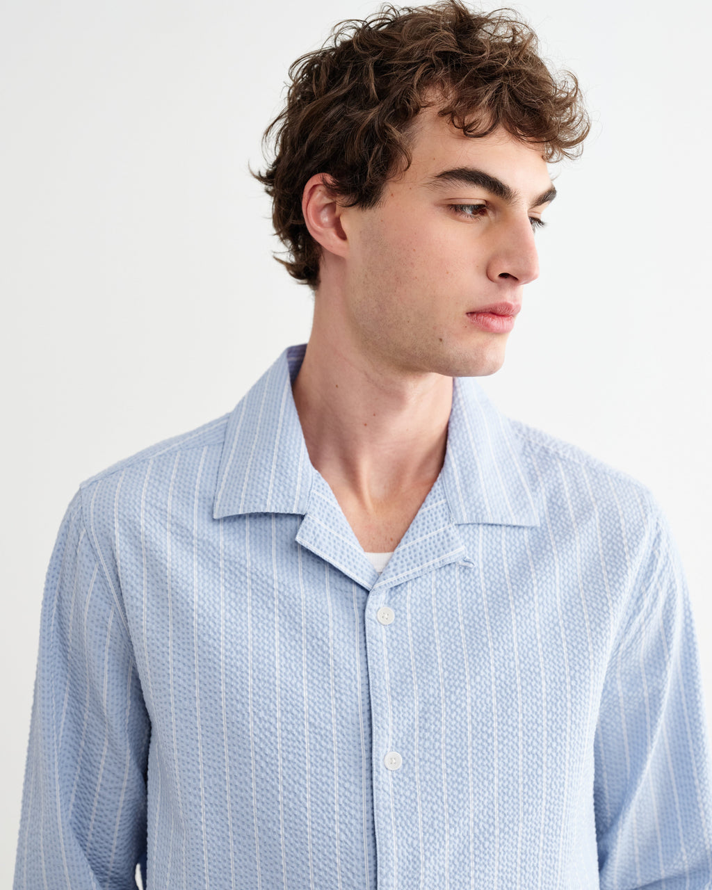 Corey - Blue And Ecru Seersucker-Cotton Stripe Shirt