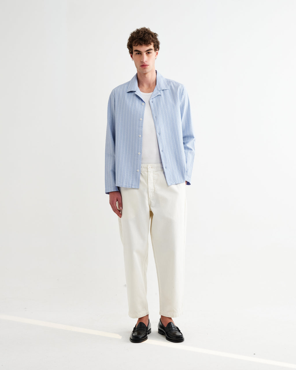 Corey - Blue And Ecru Seersucker-Cotton Stripe Shirt