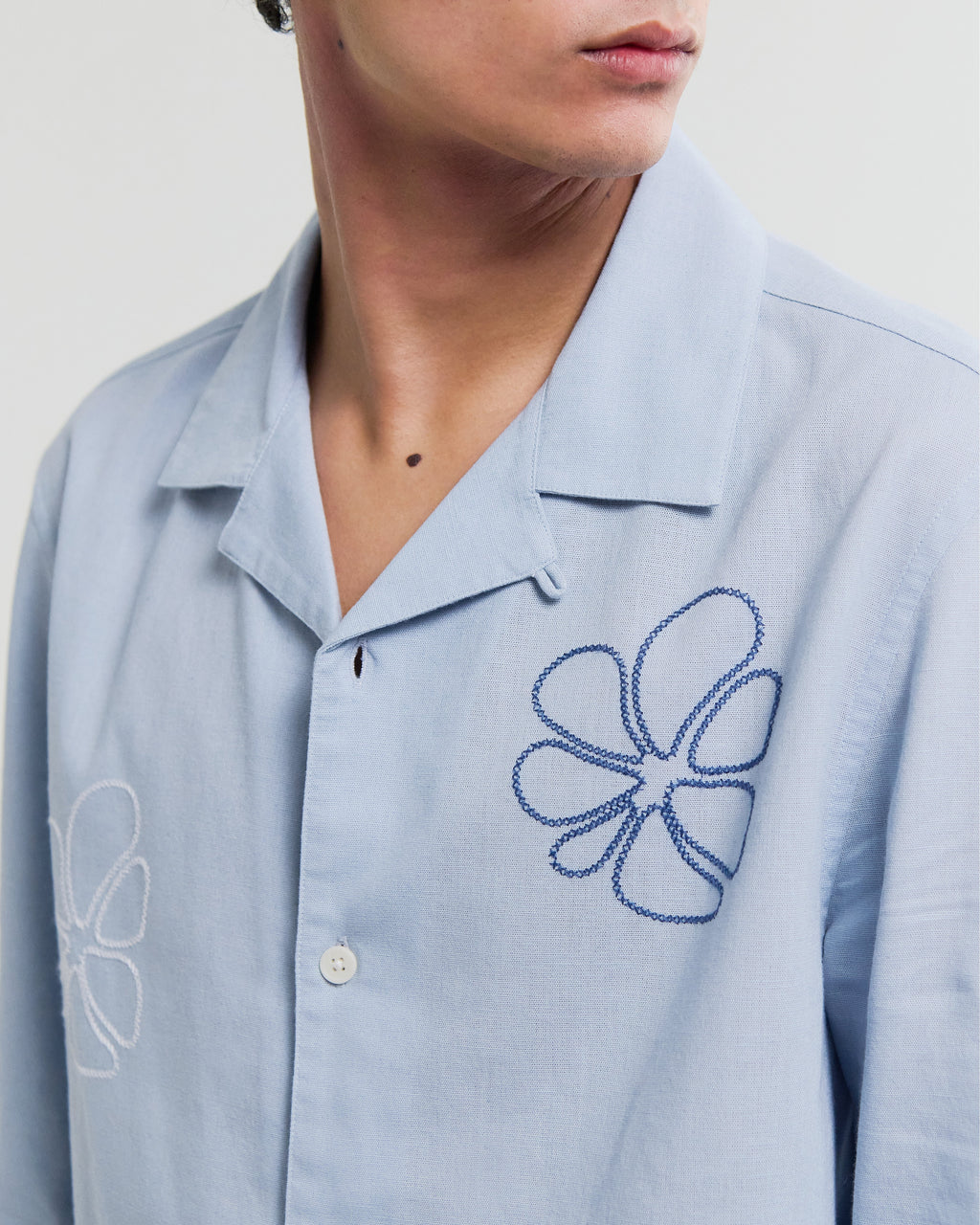 Corey - Blue Cross Stitch Doodle Cotton-Linen Shirt