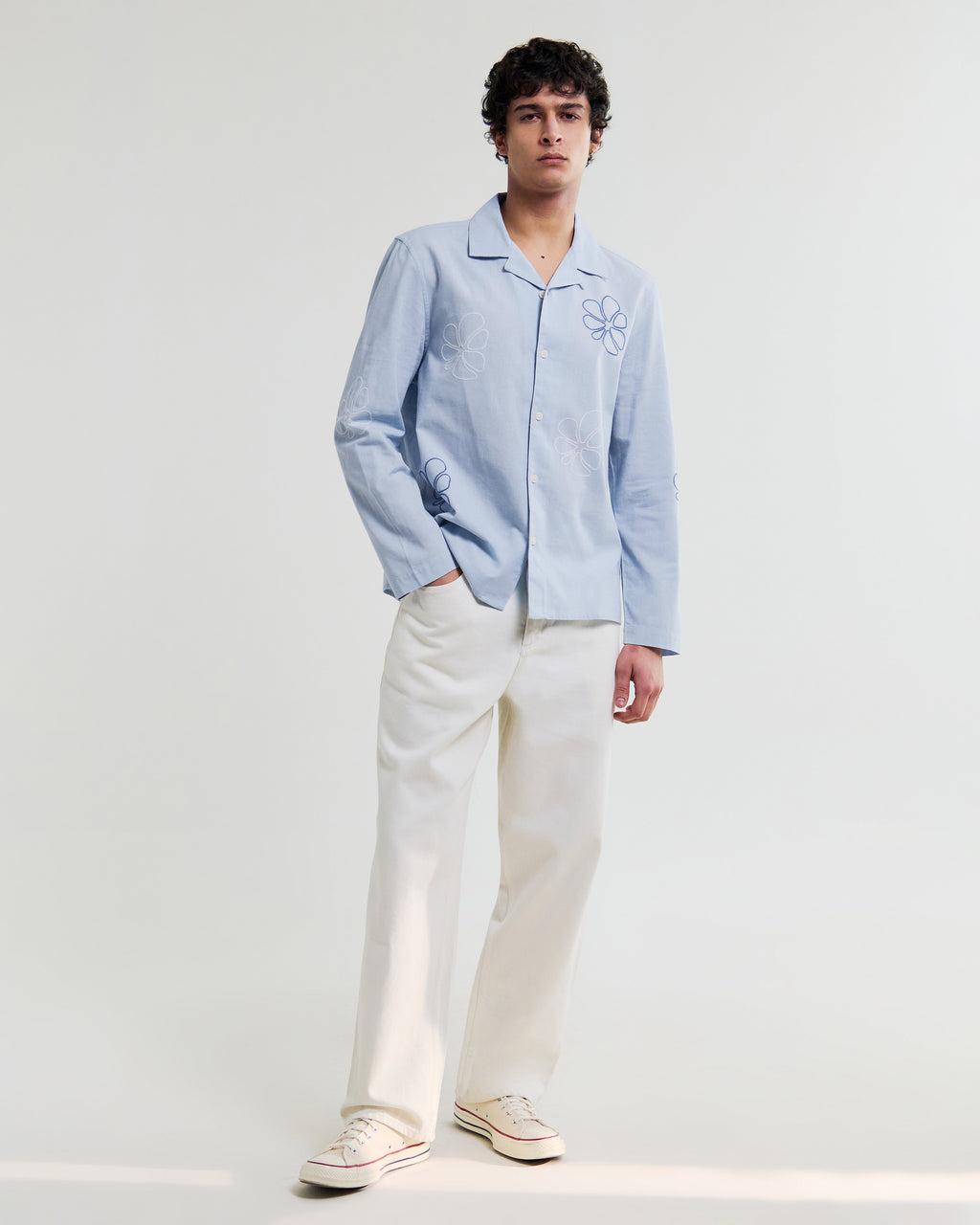 Corey - Blue Cross Stitch Doodle Cotton-Linen Shirt