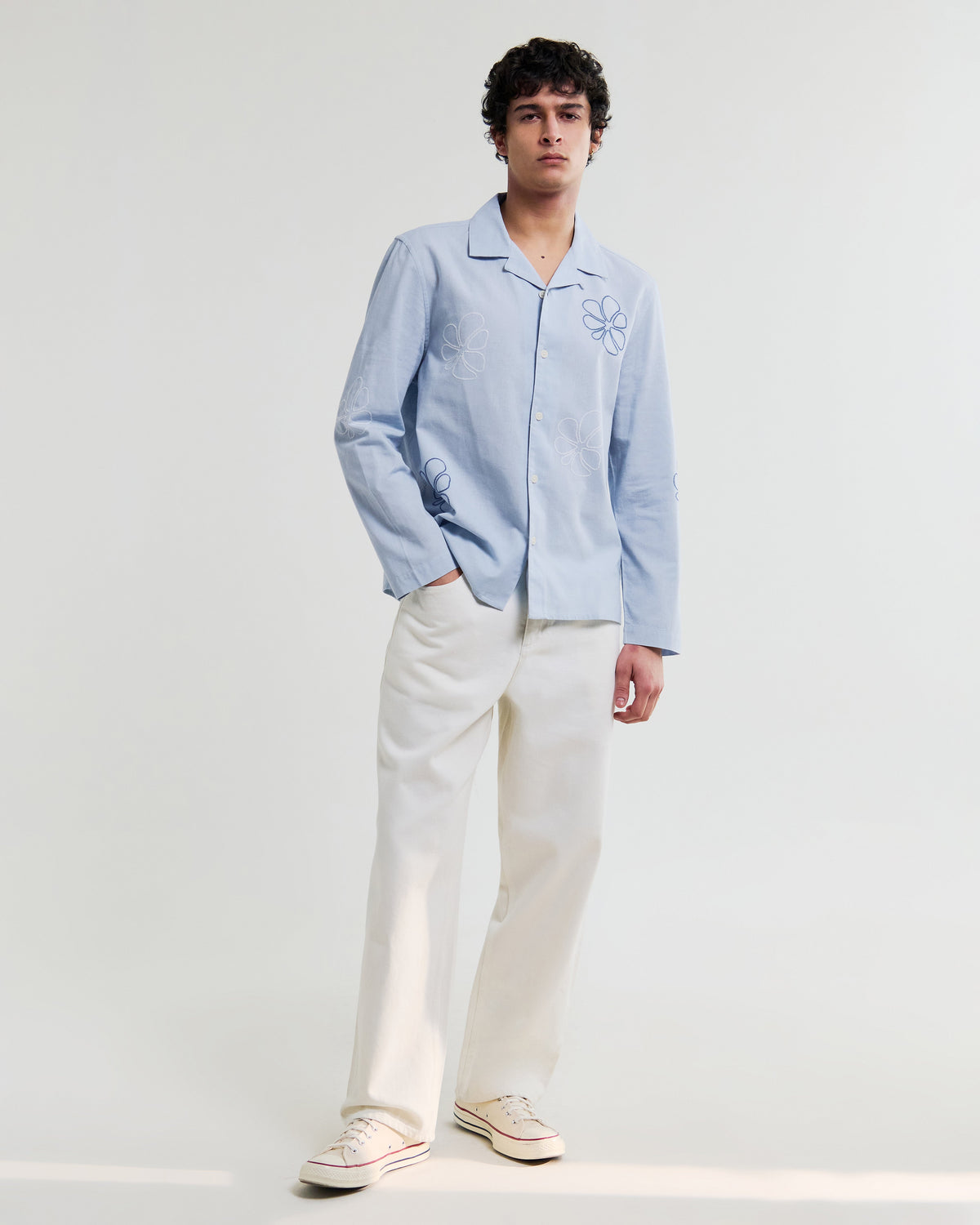 Corey - Blue Cross Stitch Doodle Cotton-Linen Shirt