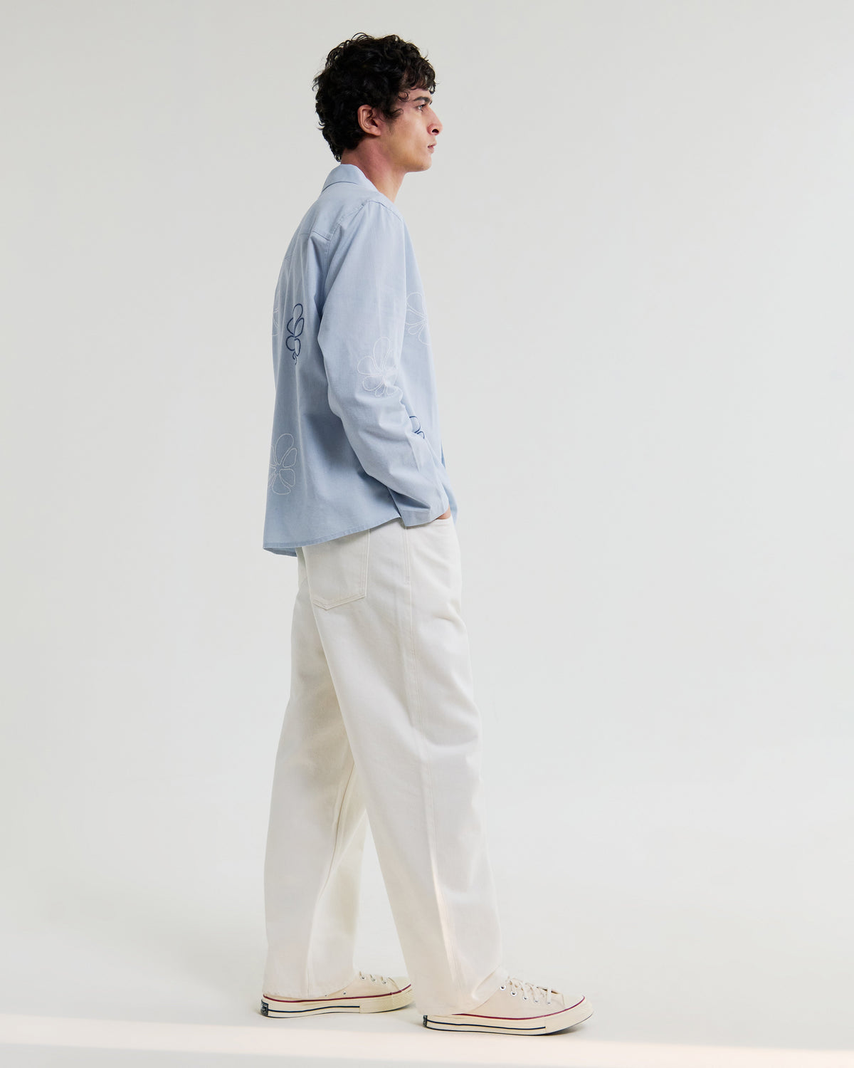 Corey - Blue Cross Stitch Doodle Cotton-Linen Shirt