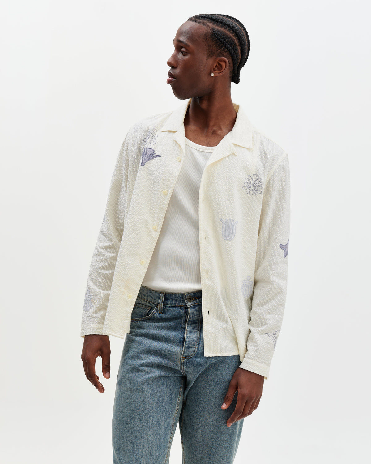 Corey - Ecru And Blue Doodle Cotton-Seersucker Shirt