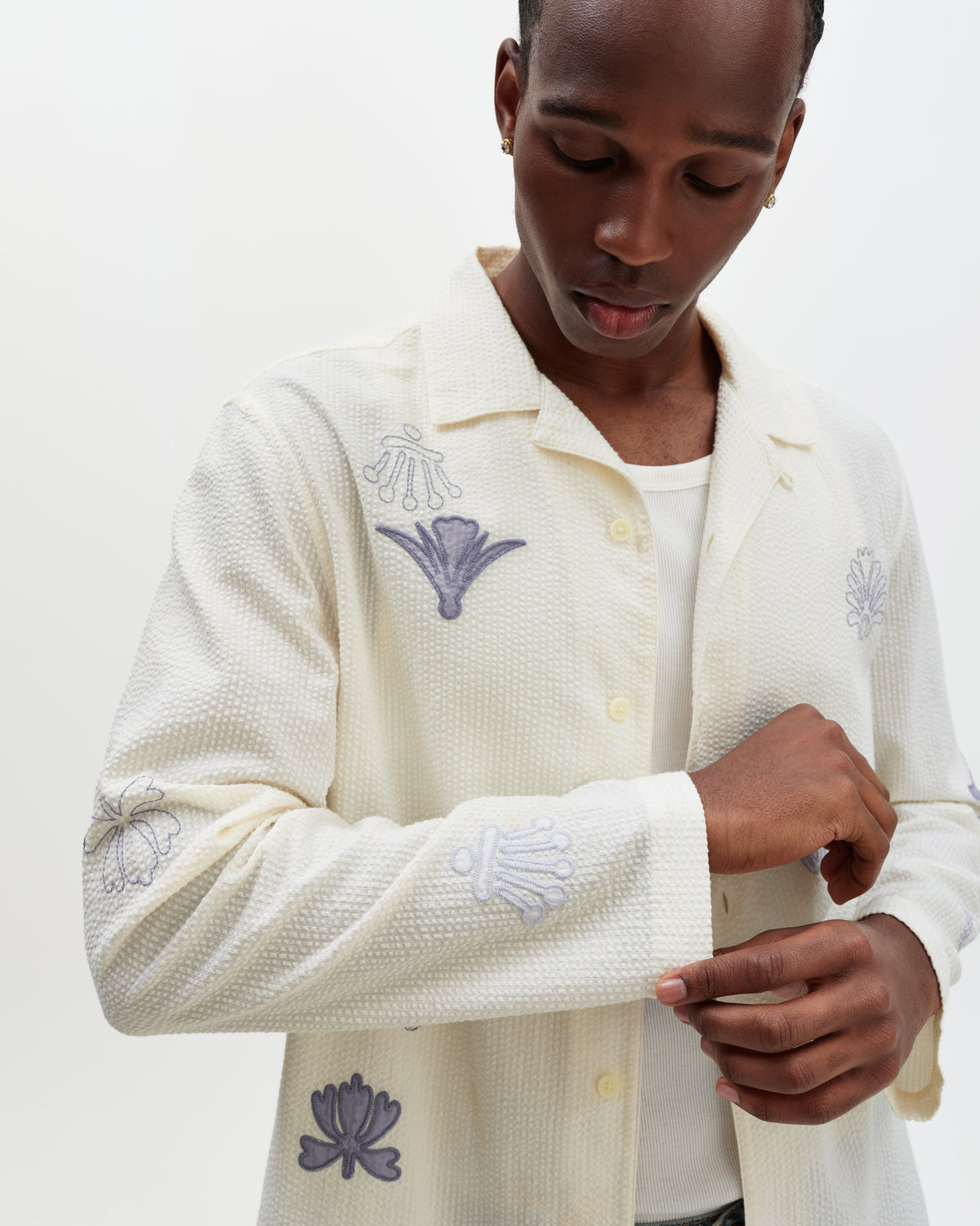 Corey - Ecru And Blue Doodle Cotton-Seersucker Shirt