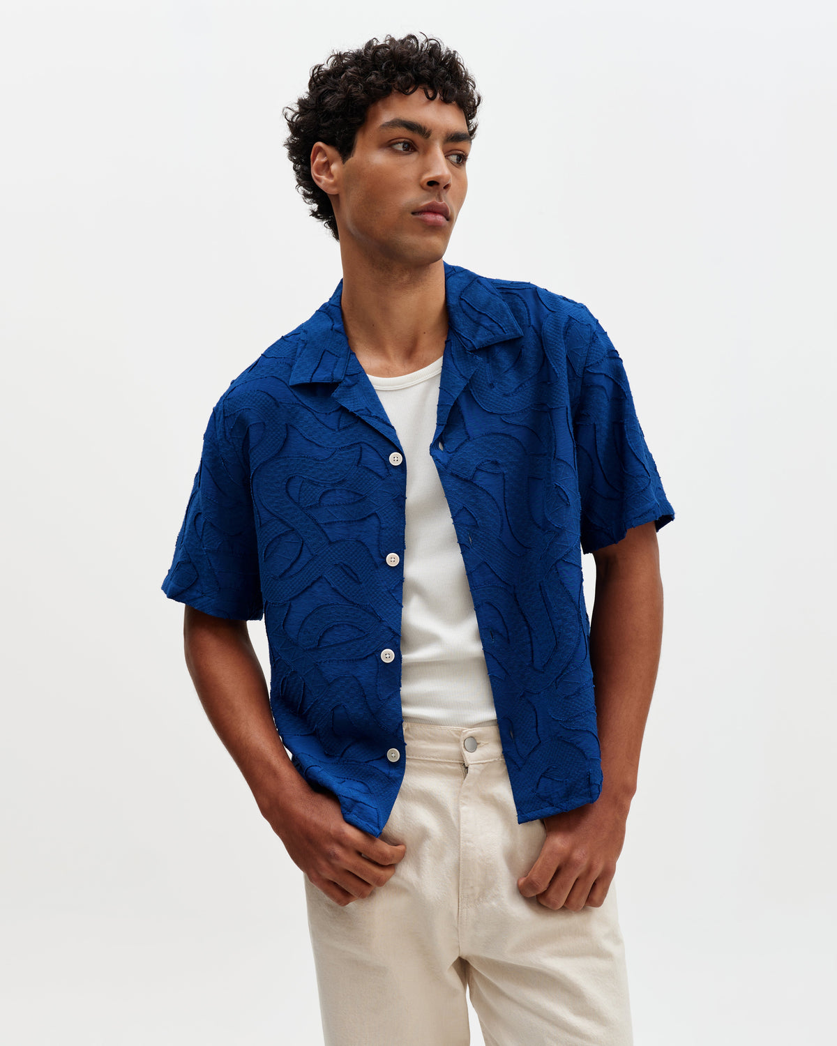 Curzon - Blue Jacquard Viscose Short-Sleeve Shirt