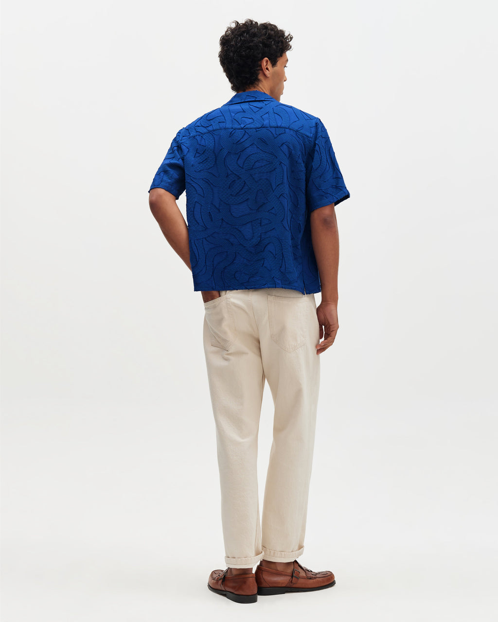 Curzon - Blue Jacquard Viscose Short-Sleeve Shirt