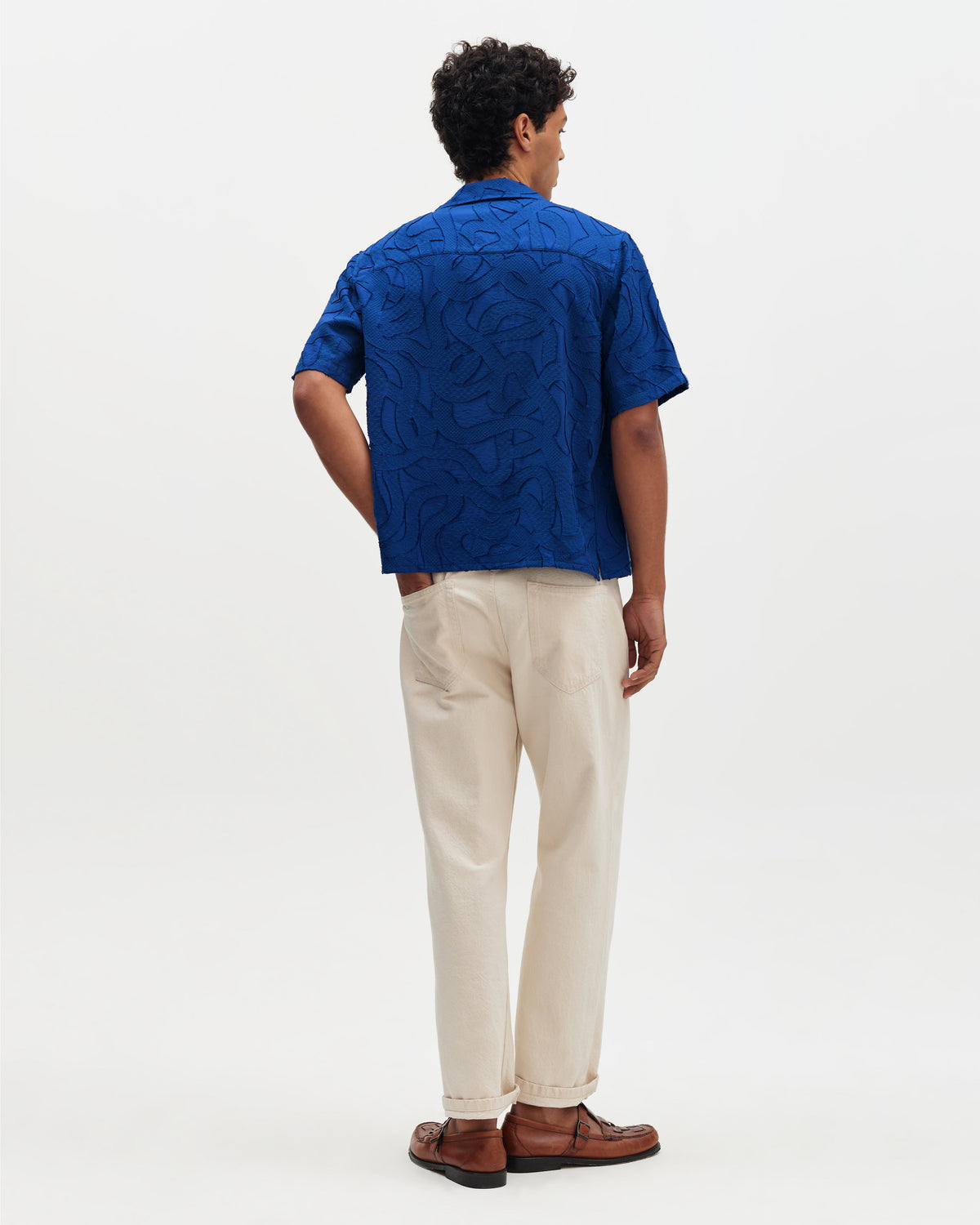 Curzon - Blue Jacquard Viscose Short-Sleeve Shirt