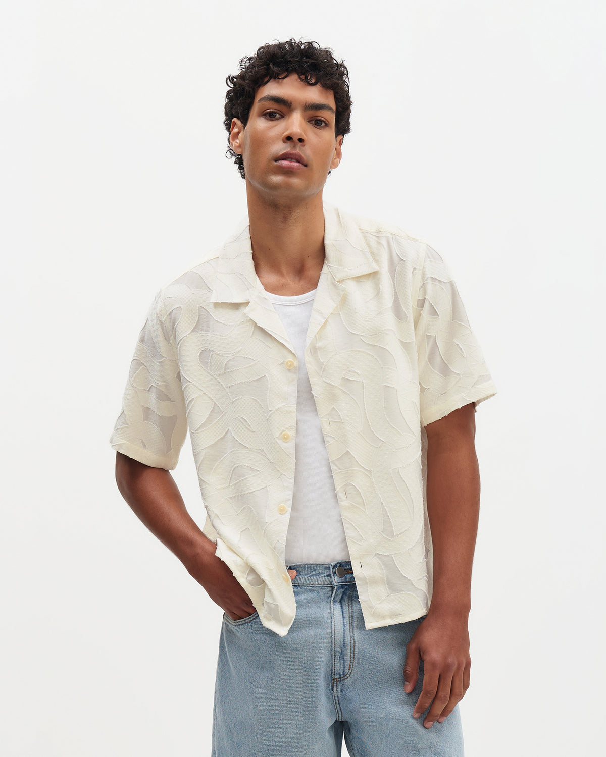 Curzon - Ecru Jacquard Viscose Short-Sleeve Shirt