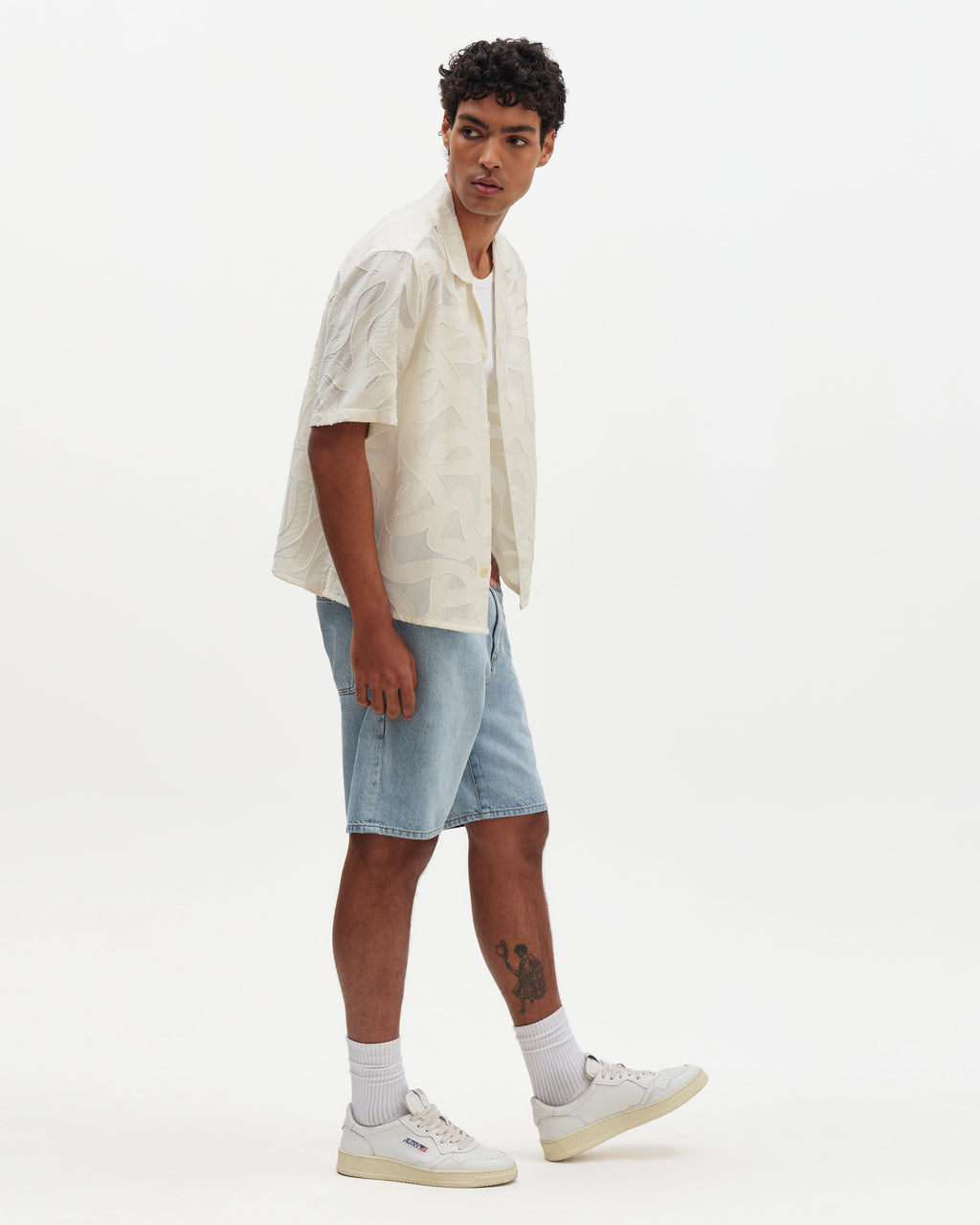 Curzon - Ecru Jacquard Viscose Short-Sleeve Shirt