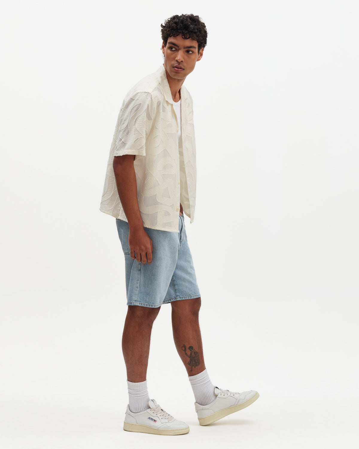 Curzon - Ecru Jacquard Viscose Short-Sleeve Shirt