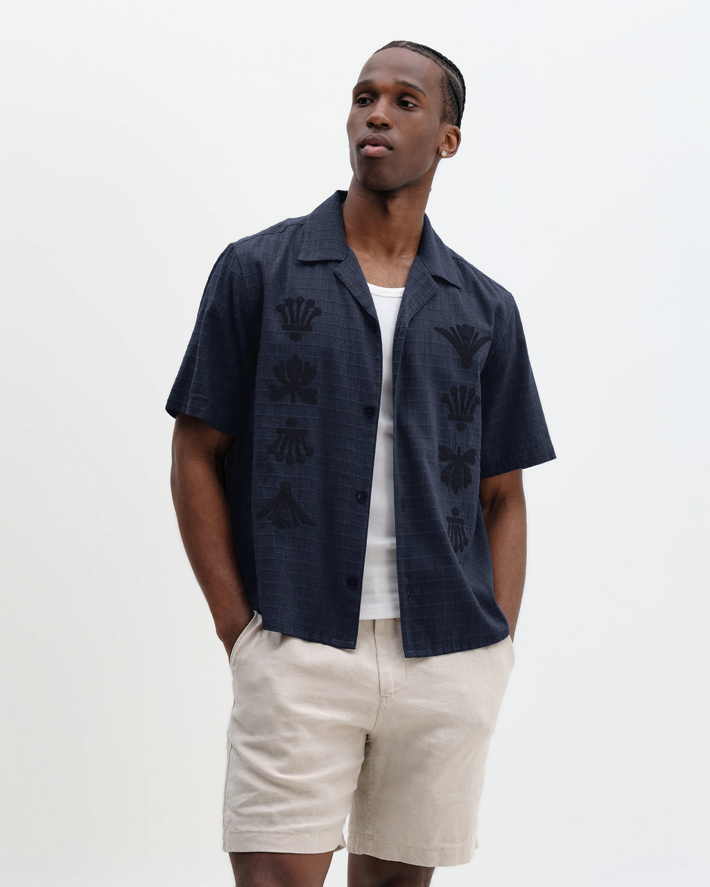 Curzon - Navy Grid Applique Short-Sleeve Shirt
