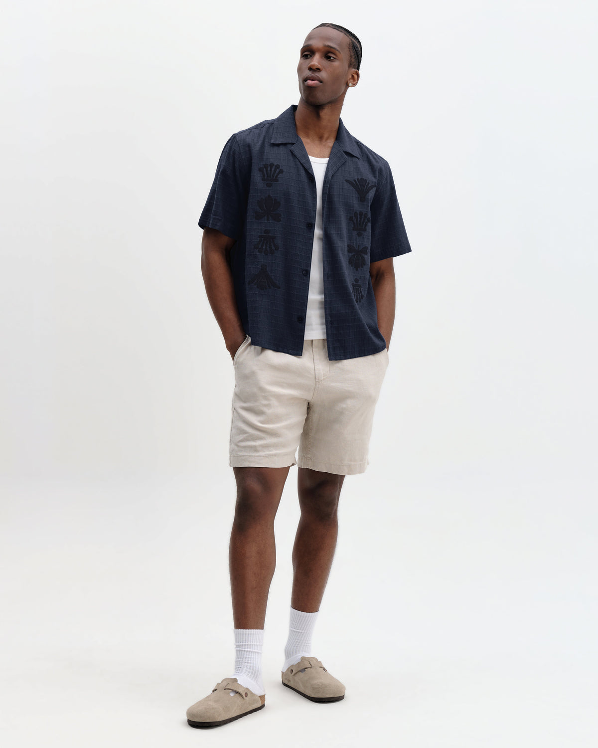 Curzon - Navy Grid Applique Short-Sleeve Shirt